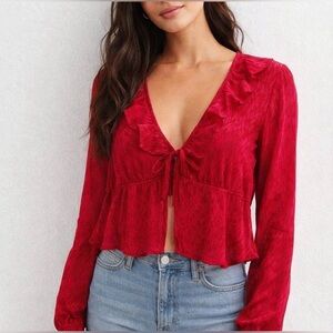 Women Red top size M V-Neck Ruffle Tie-Front